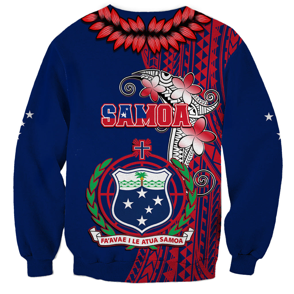 Unisex blue crewneck sweatshirt with Samoa crest, cross, and floral tribal Ula Fala graphic