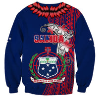 Unisex blue crewneck sweatshirt with Samoa crest, cross, and floral tribal Ula Fala graphic