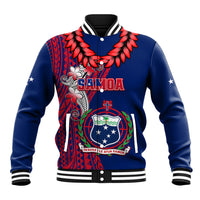 Blue unisex varsity baseball jacket with red tribal graphic and striped ribbed collar cuffs