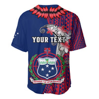 Blue baseball jersey back with red floral tribal print, 'YOUR TEXT' and crest shield