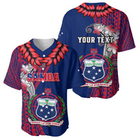 Blue baseball jersey pair, front and back views with red floral tribal print and Samoa crest