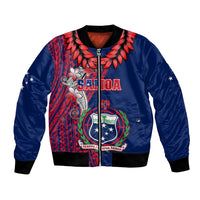 Blue bomber jacket with red tribal graphics, large zip-front patch and Samoa emblem