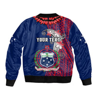 Blue bomber jacket back with red tribal art, emblem, and YOUR TEXT print