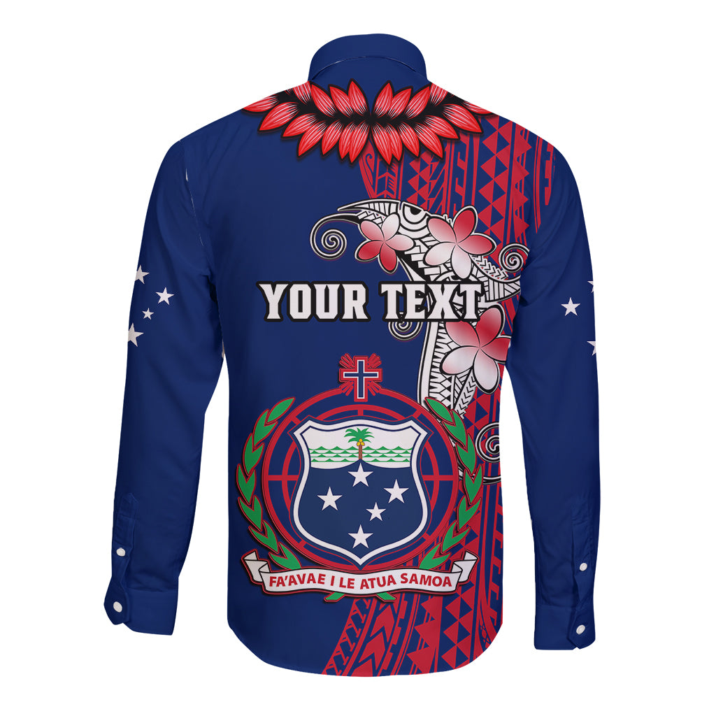 Blue long-sleeve button shirt back with YOUR TEXT, floral tribal pattern, Samoa shield