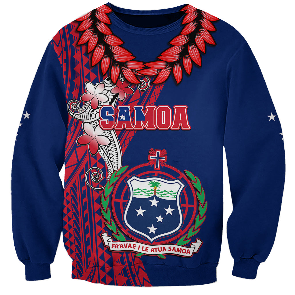 Blue Samoa sweatshirt with red tribal print, crest, and 'Samoa' text on front