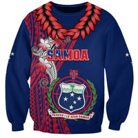 Blue Samoa sweatshirt with red tribal print, crest, and 'Samoa' text on front