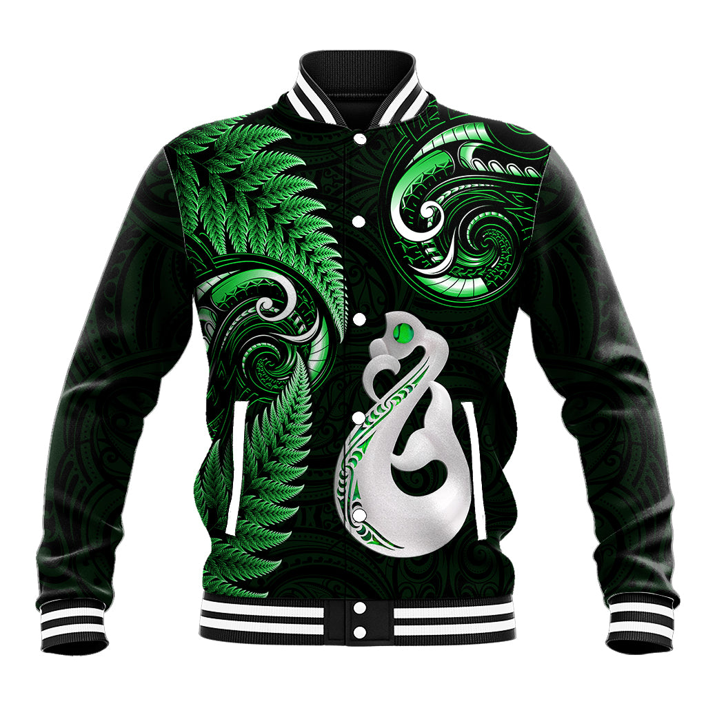 Green varsity baseball jacket with striped collar, snap buttons, and large front panda graphic