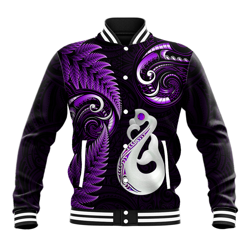 Purple and black baseball jacket with stylized fern, manaia bird, and ribbed collar
