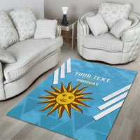 Blue football rug with Uruguay sun emblem, YOUR TEXT, and white diagonal stripes