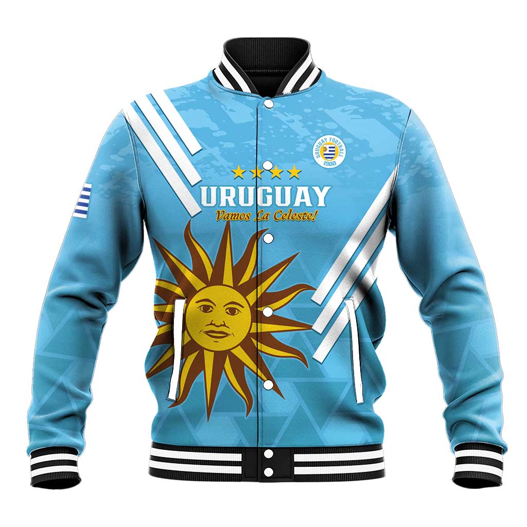 Unisex blue varsity baseball jacket, front Uruguay print, snap buttons, striped sleeves