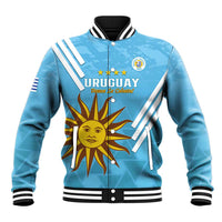 Unisex blue varsity baseball jacket, front Uruguay print, snap buttons, striped sleeves