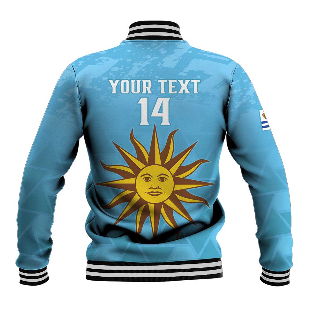 Unisex blue baseball jacket, ribbed striped collar, back sun and star graphic