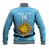 Unisex blue baseball jacket, ribbed striped collar, back sun and star graphic