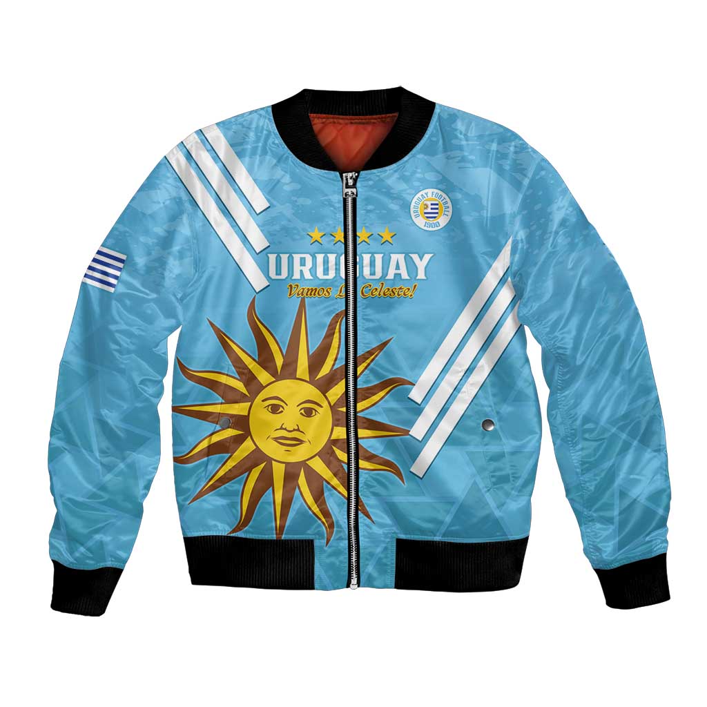 Light blue Uruguay football bomber jacket with full-zip front, black cuffs and sun crest