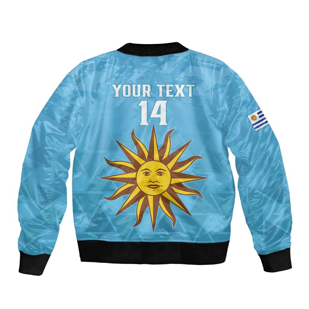 Light blue bomber jacket with black ribbing and back print of sun, 'YOUR TEXT 14'