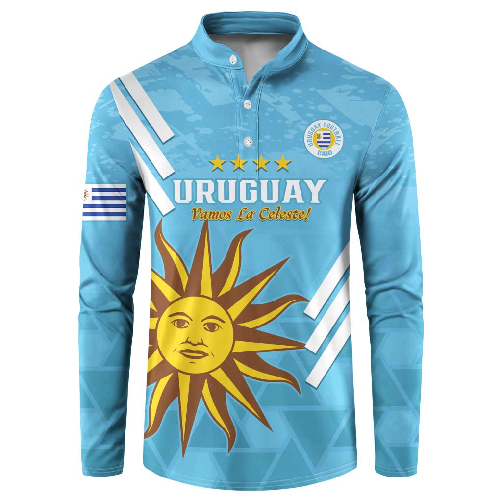 Light blue button-front football sweatshirt with Uruguay crest and sun graphic on front