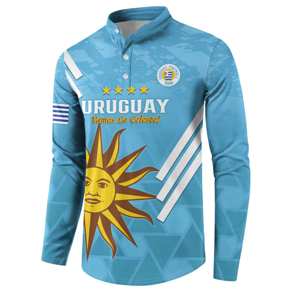 Light blue button-front football sweatshirt with sun and Uruguay crest graphic, front view