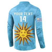 Light blue button-front sweatshirt with 'YOUR TEXT 14' and sun graphic, back view