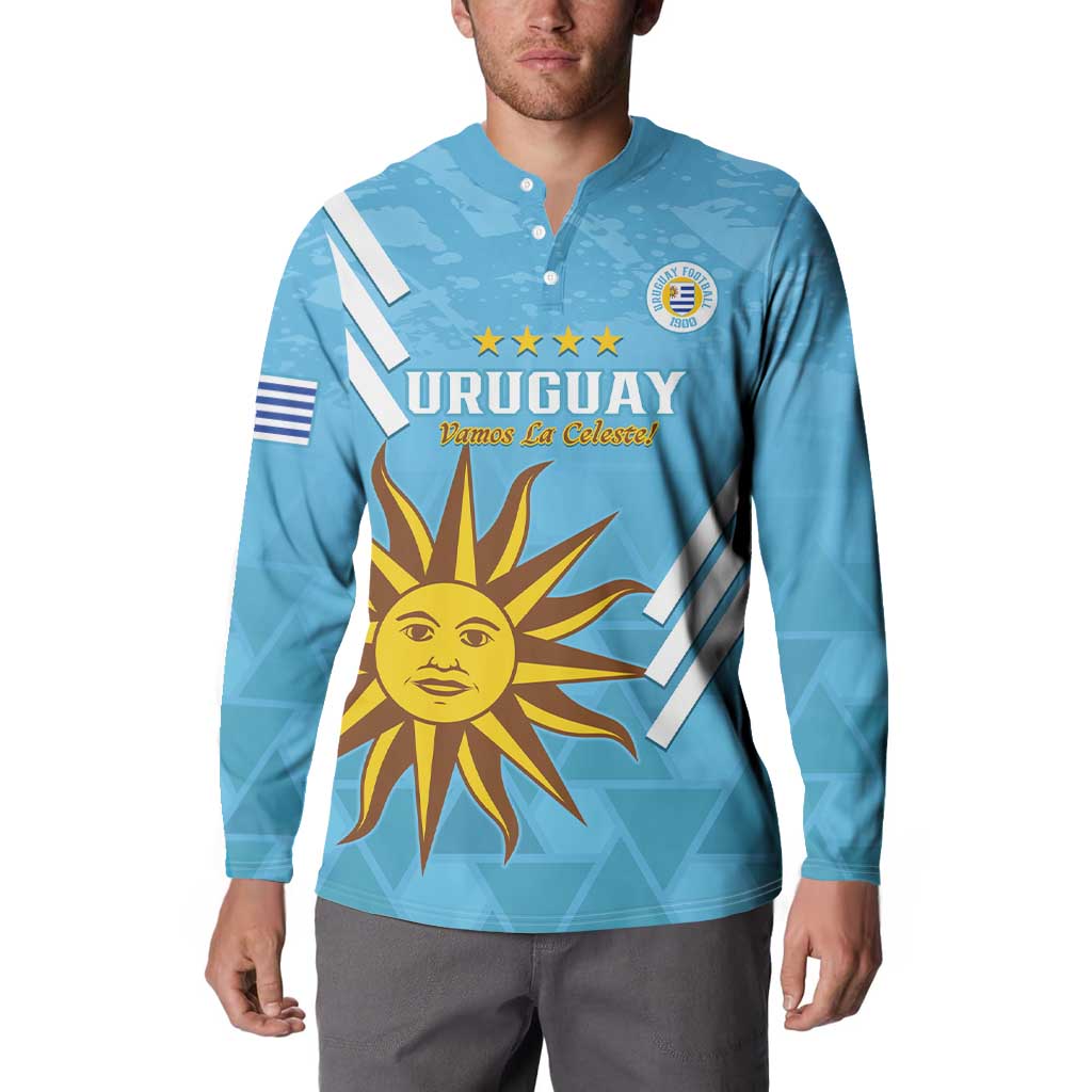 Light blue button-front football sweatshirt with Uruguay crest and sun graphic, front