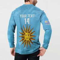 Light blue button-front sweatshirt with 'YOUR TEXT 14' and sun graphic, back