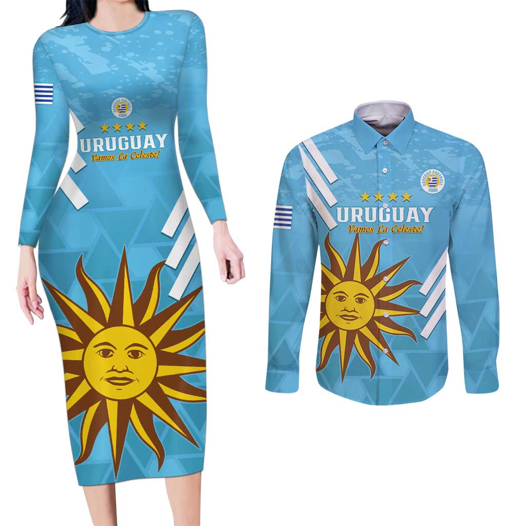 Custom Uruguay Football Couples Matching Long Sleeve Bodycon Dress and Long Sleeve Button Shirt 2024 Vamos La Celeste - Wonder Print Shop