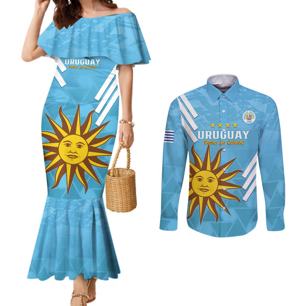 Custom Uruguay Football Couples Matching Mermaid Dress and Long Sleeve Button Shirt 2024 Vamos La Celeste