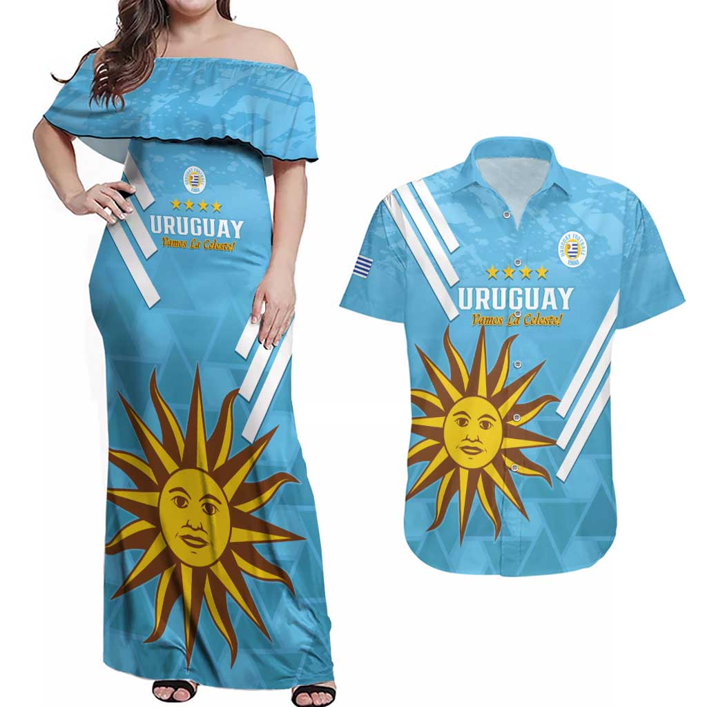 Custom Uruguay Football Couples Matching Off Shoulder Maxi Dress and Hawaiian Shirt 2024 Vamos La Celeste - Wonder Print Shop