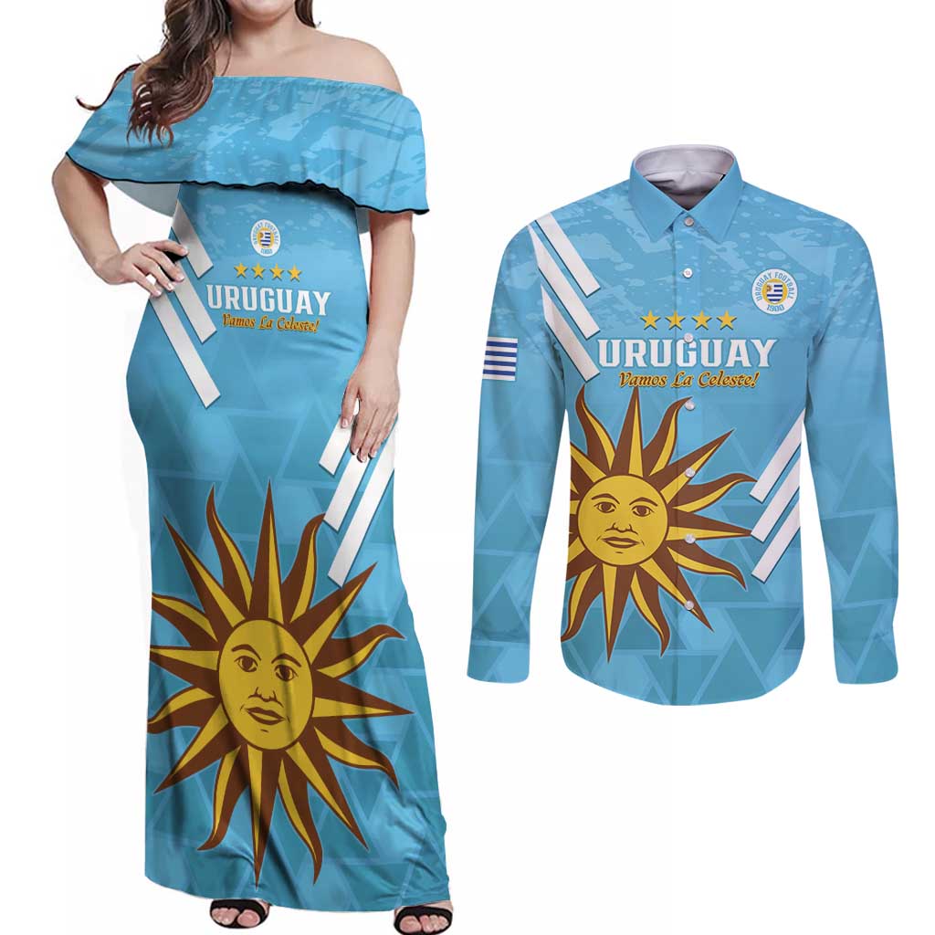 Custom Uruguay Football Couples Matching Off Shoulder Maxi Dress and Long Sleeve Button Shirt 2024 Vamos La Celeste - Wonder Print Shop