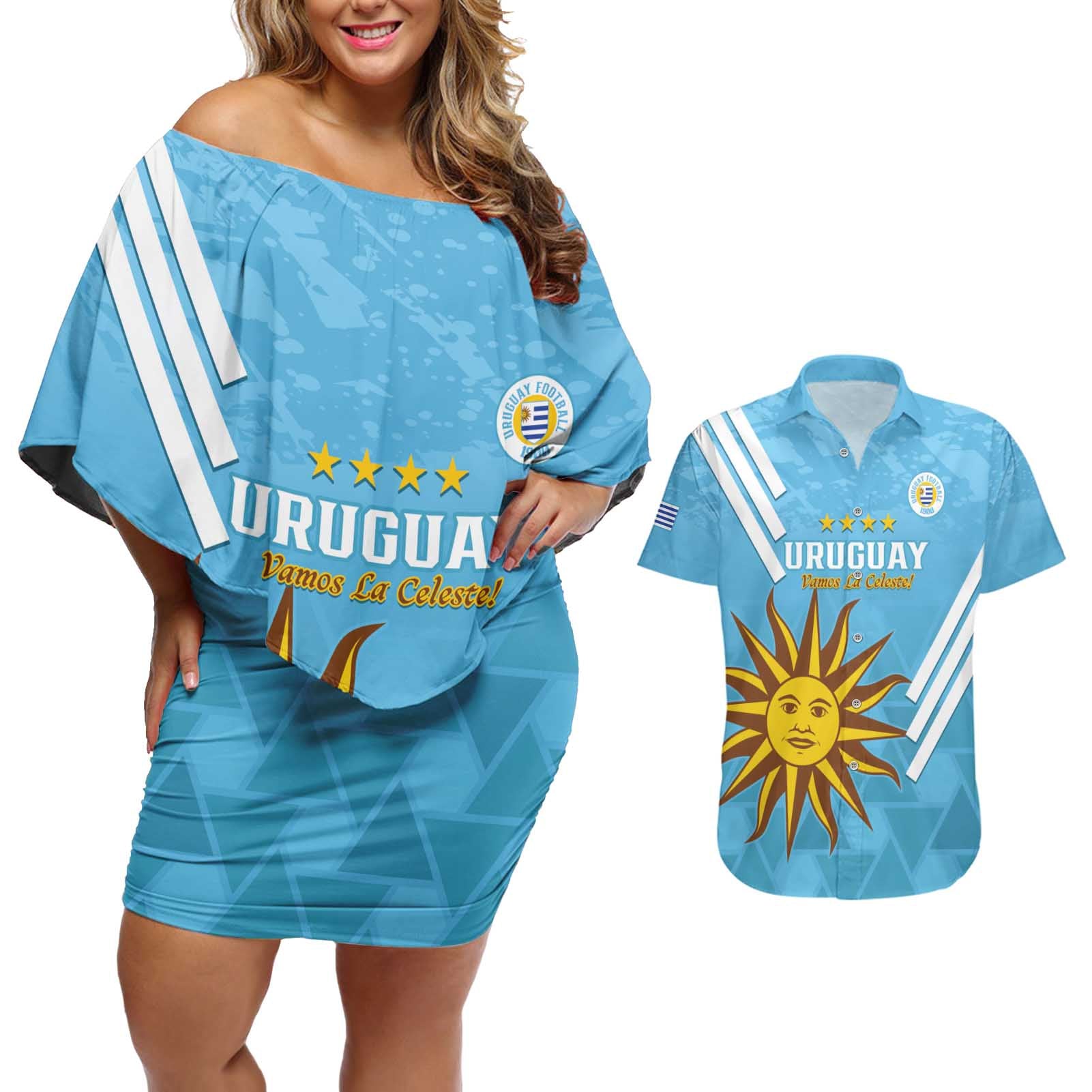 Custom Uruguay Football Couples Matching Off Shoulder Short Dress and Hawaiian Shirt 2024 Vamos La Celeste - Wonder Print Shop