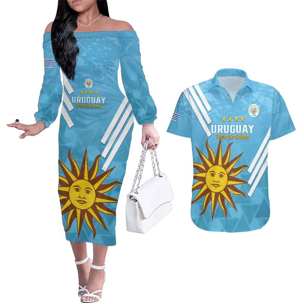 Custom Uruguay Football Couples Matching Off The Shoulder Long Sleeve Dress and Hawaiian Shirt 2024 Vamos La Celeste - Wonder Print Shop