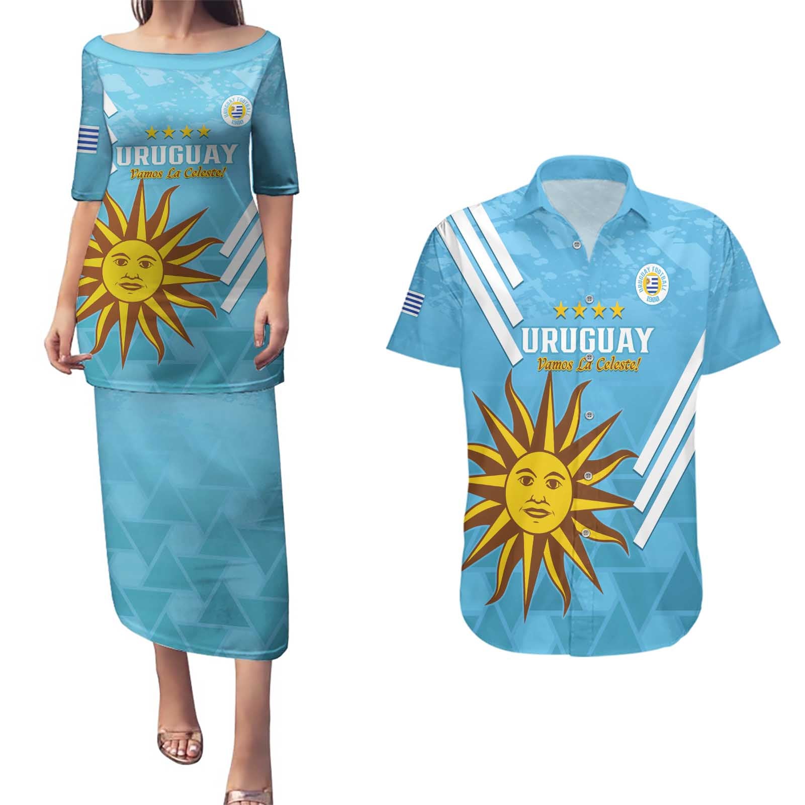 Custom Uruguay Football Couples Matching Puletasi and Hawaiian Shirt 2024 Vamos La Celeste - Wonder Print Shop