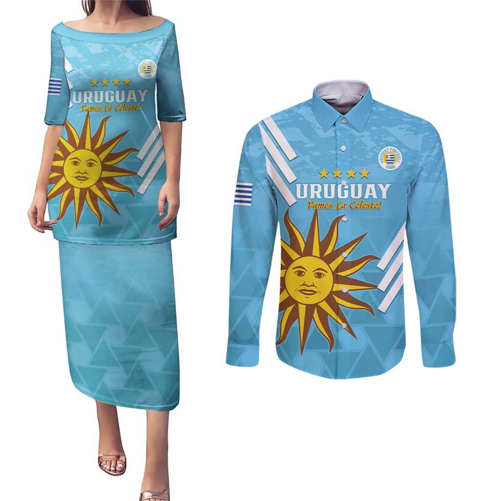 Custom Uruguay Football Couples Matching Puletasi and Long Sleeve Button Shirt 2024 Vamos La Celeste - Wonder Print Shop