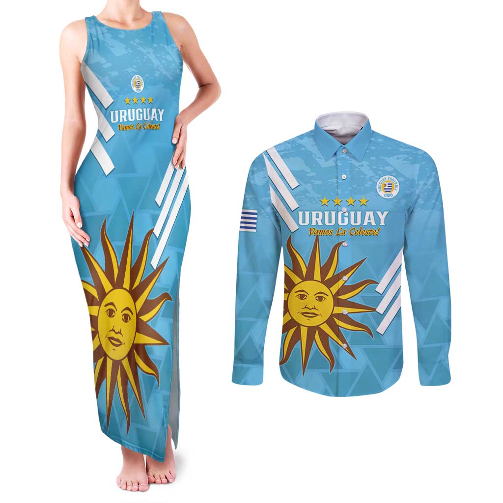 Custom Uruguay Football Couples Matching Tank Maxi Dress and Long Sleeve Button Shirt 2024 Vamos La Celeste - Wonder Print Shop