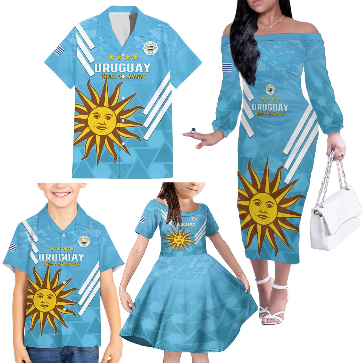 Custom Uruguay Football Family Matching Off The Shoulder Long Sleeve Dress and Hawaiian Shirt 2024 Vamos La Celeste - Wonder Print Shop