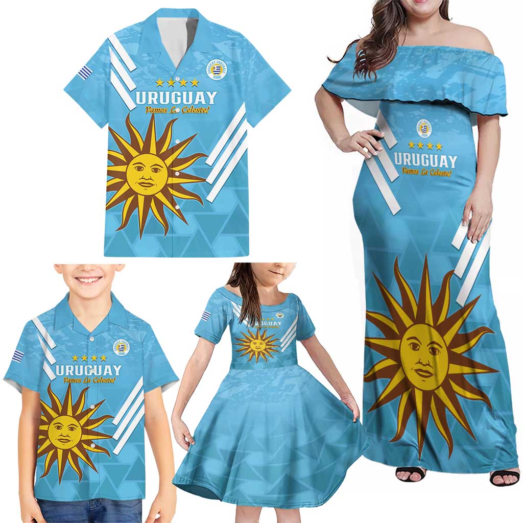 Custom Uruguay Football Family Matching Off Shoulder Maxi Dress and Hawaiian Shirt 2024 Vamos La Celeste - Wonder Print Shop