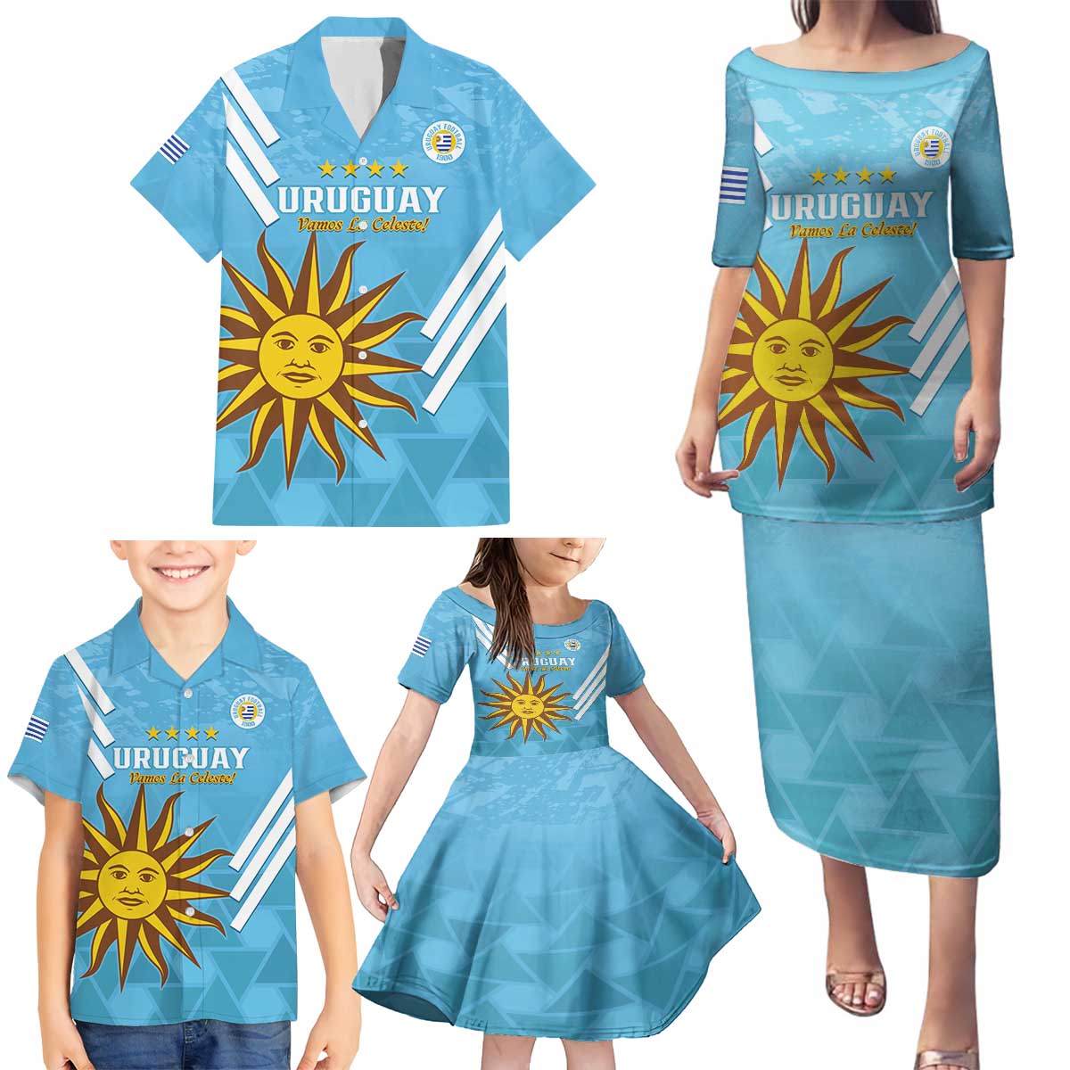 Custom Uruguay Football Family Matching Puletasi and Hawaiian Shirt 2024 Vamos La Celeste - Wonder Print Shop