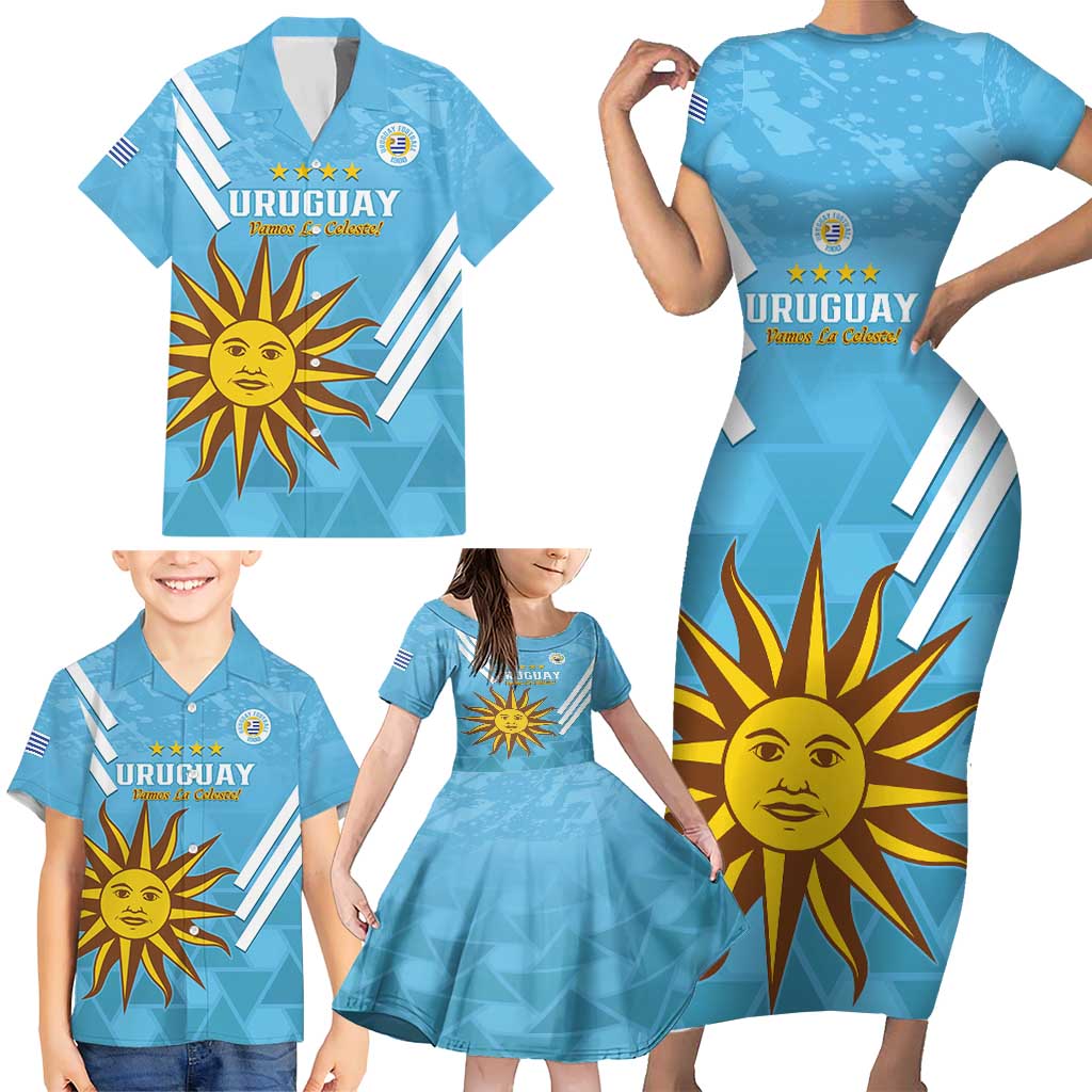 Custom Uruguay Football Family Matching Short Sleeve Bodycon Dress and Hawaiian Shirt 2024 Vamos La Celeste - Wonder Print Shop