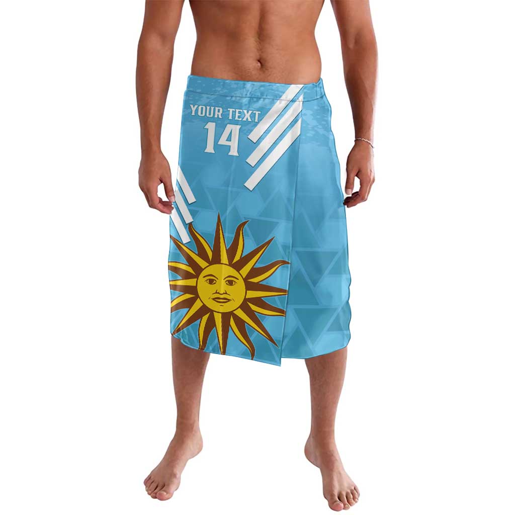 Blue football lavalava skirt with sun emblem, diagonal stripes, and 'YOUR TEXT 14'.