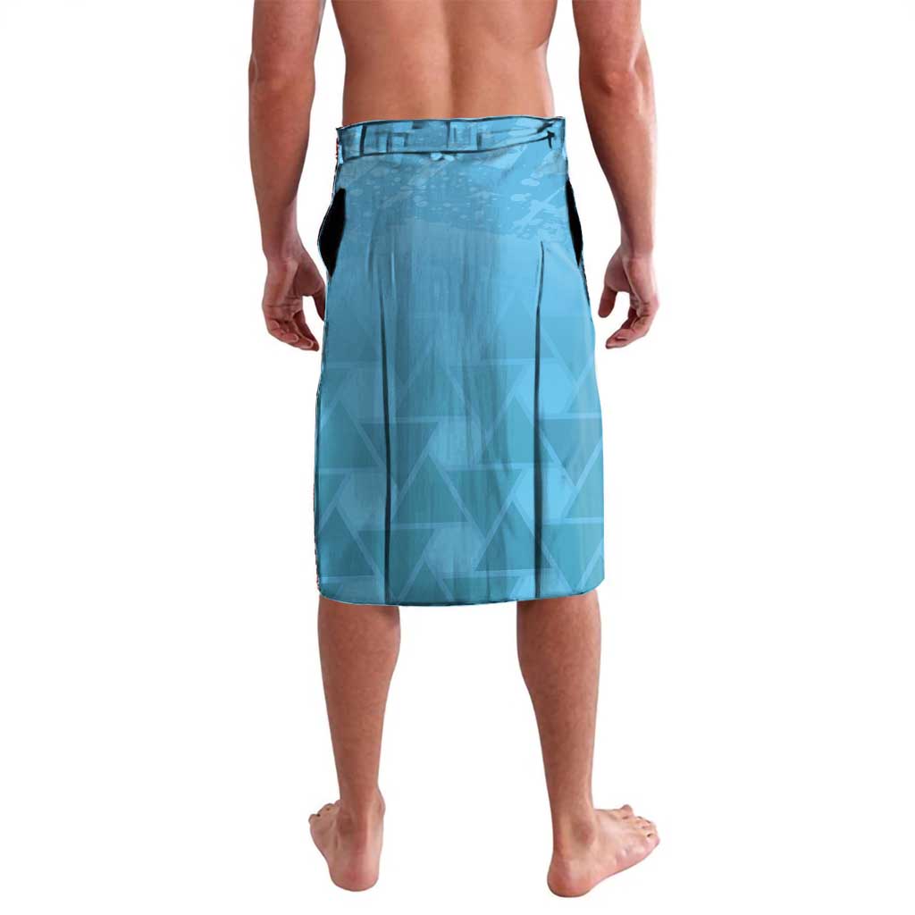 Blue football lavalava skirt, back view, with geometric pattern and diagonal bands.