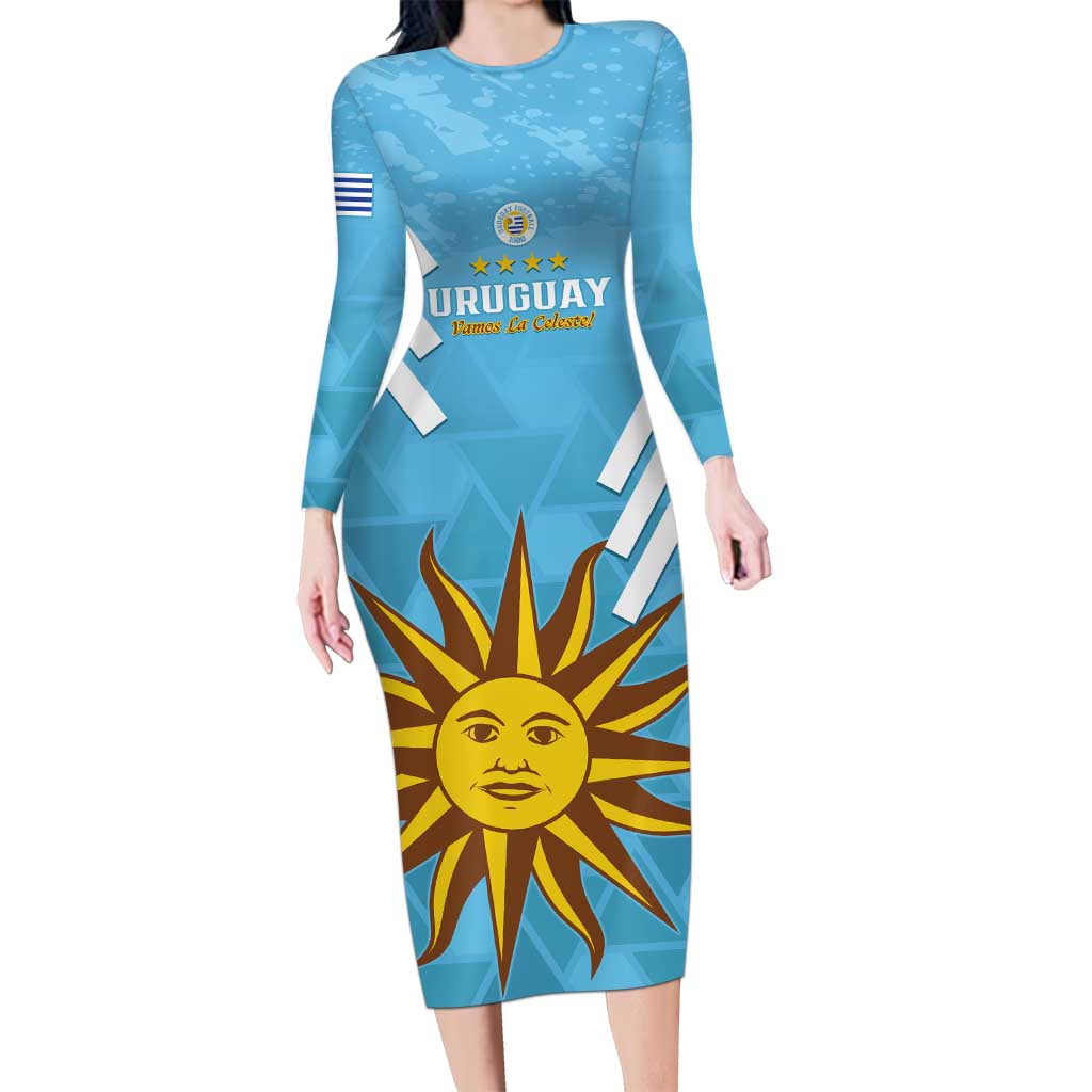 Custom Uruguay Football Long Sleeve Bodycon Dress 2024 Vamos La Celeste - Wonder Print Shop