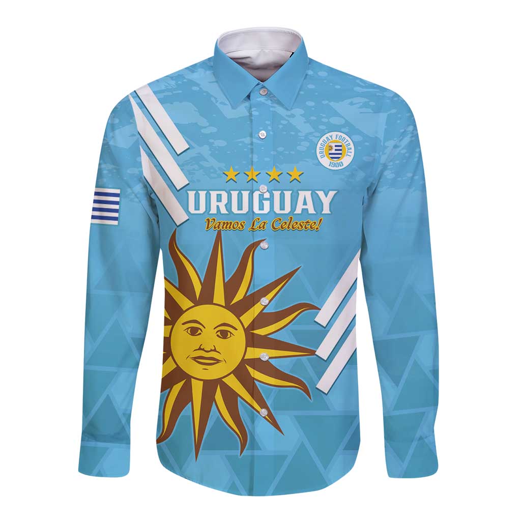 Blue long sleeve button football shirt with Uruguay crest and sun graphic front
