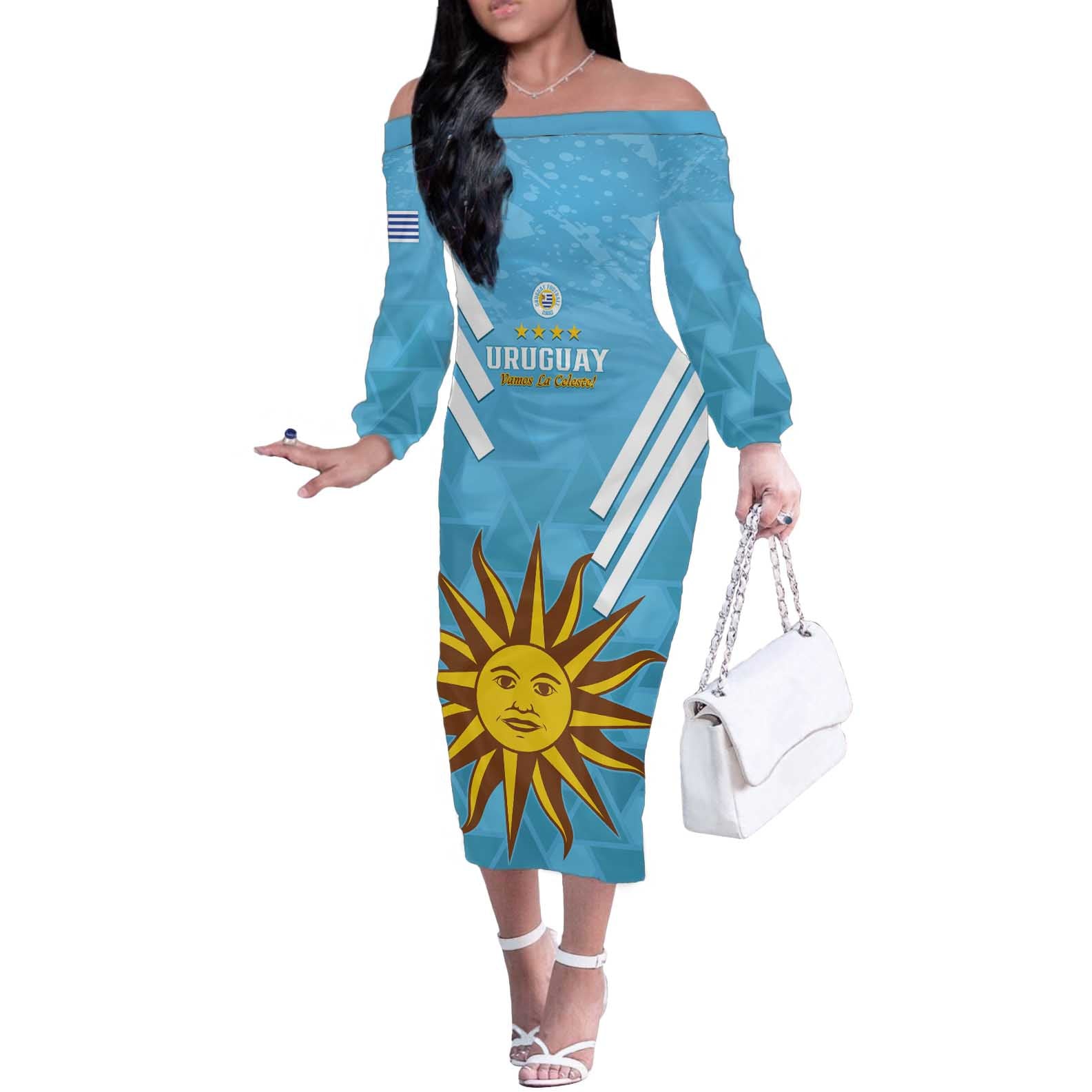 Custom Uruguay Football Off The Shoulder Long Sleeve Dress 2024 Vamos La Celeste - Wonder Print Shop