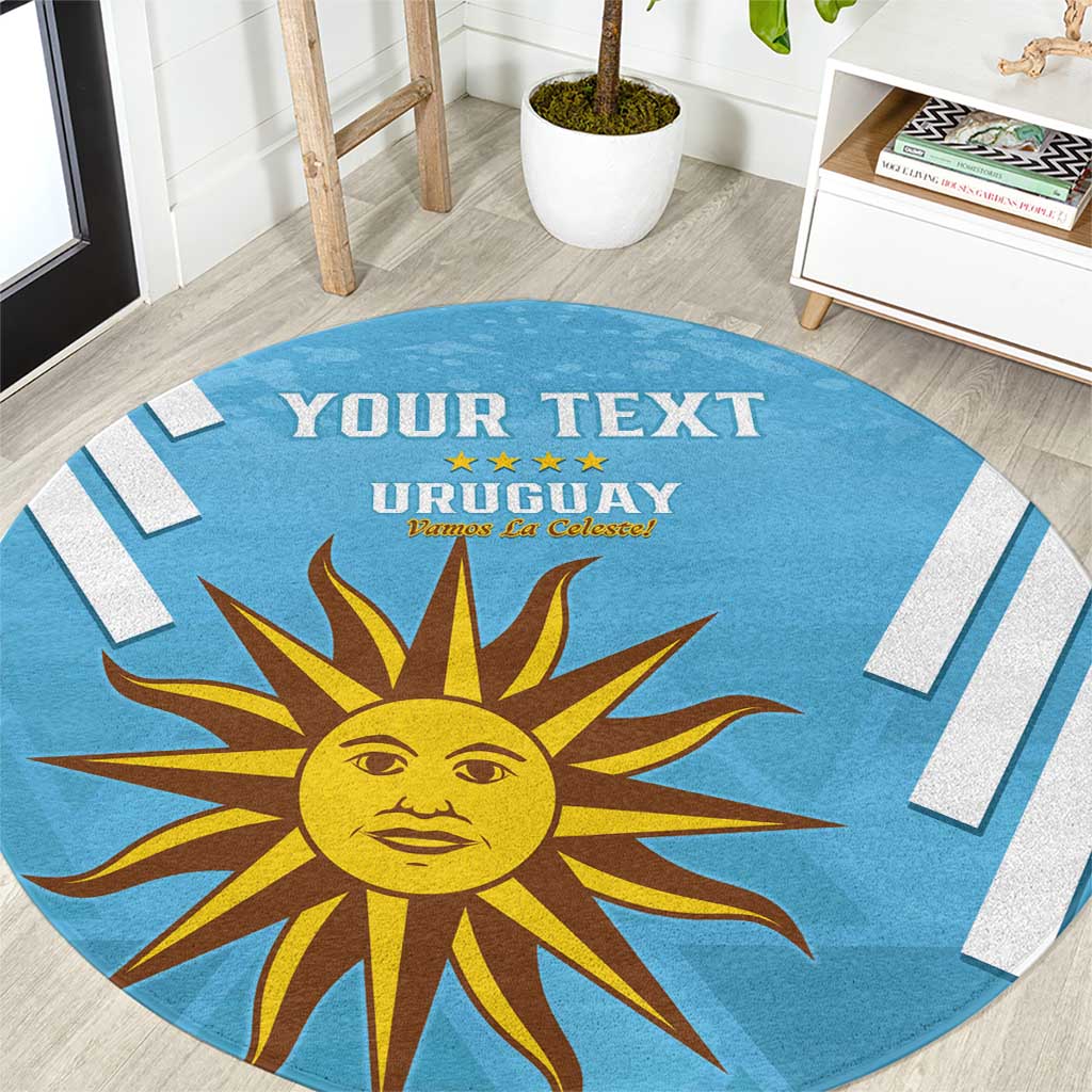 Custom round blue Uruguay football carpet with sun logo, star accents, and striped edges