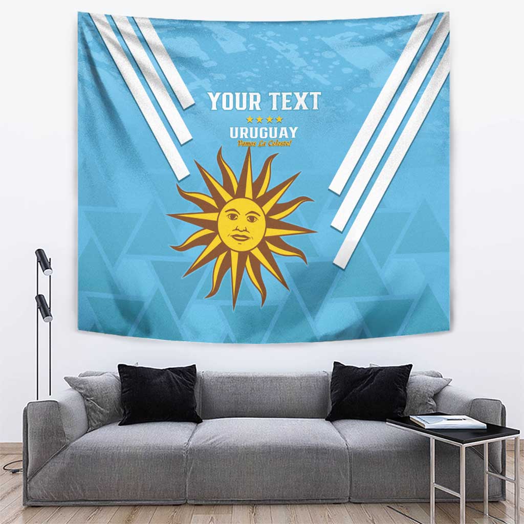 Blue Uruguay football tapestry with sun emblem and white diagonal stripes