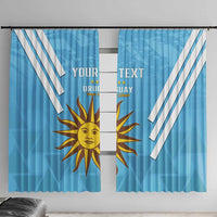 Two blue curtains with white diagonal stripes, sun emblem, and center custom text