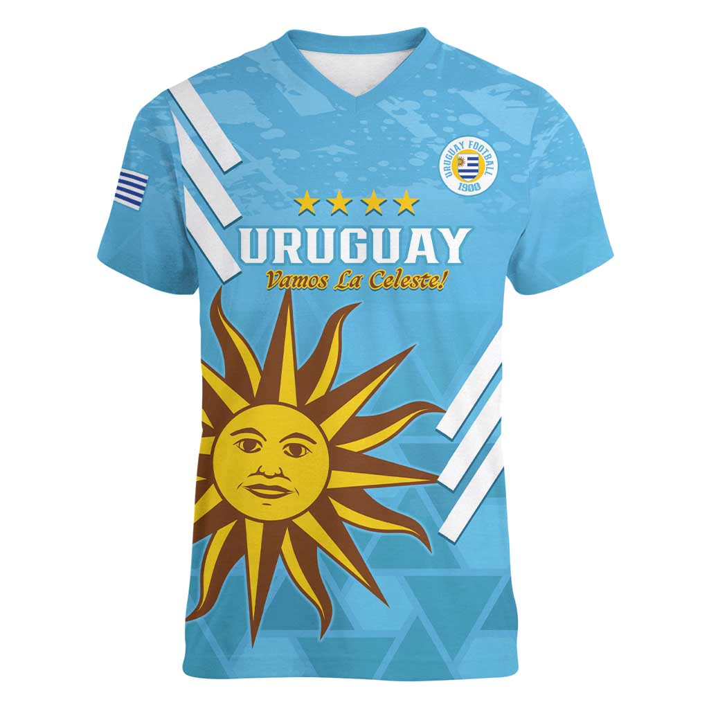 Custom Uruguay Football Women V-Neck T-Shirt 2024 Vamos La Celeste - Wonder Print Shop