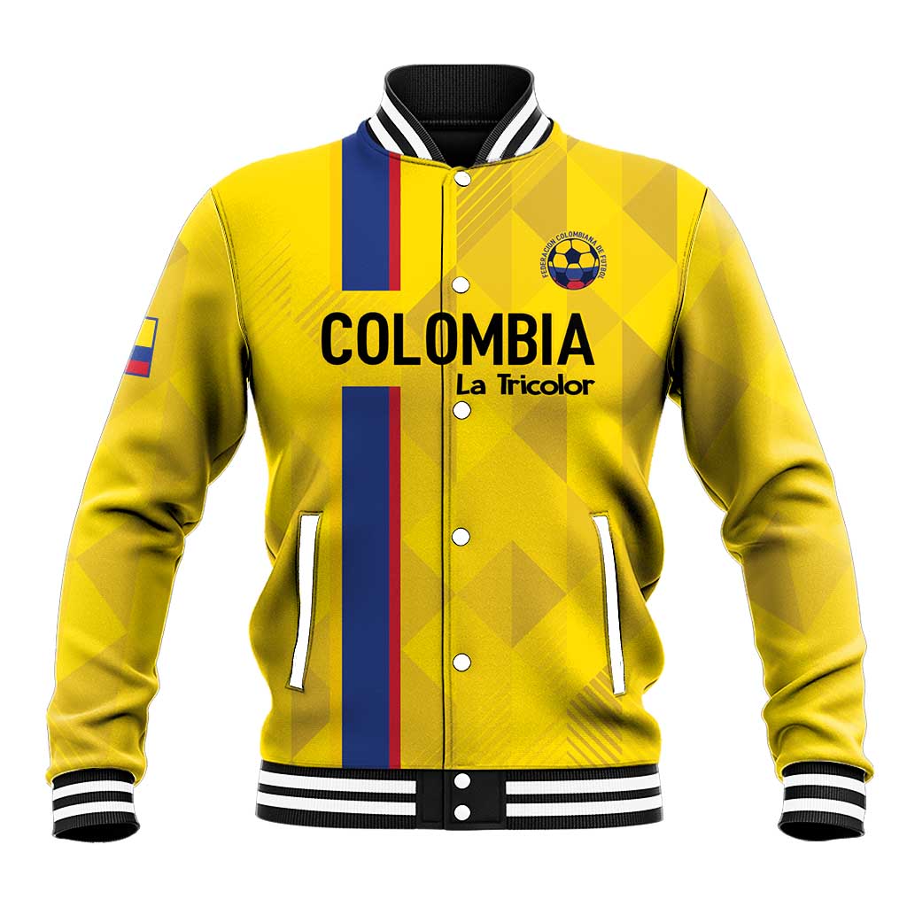 Yellow baseball jacket with snap buttons, Colombia emblem and La Tricolor patch, side pockets