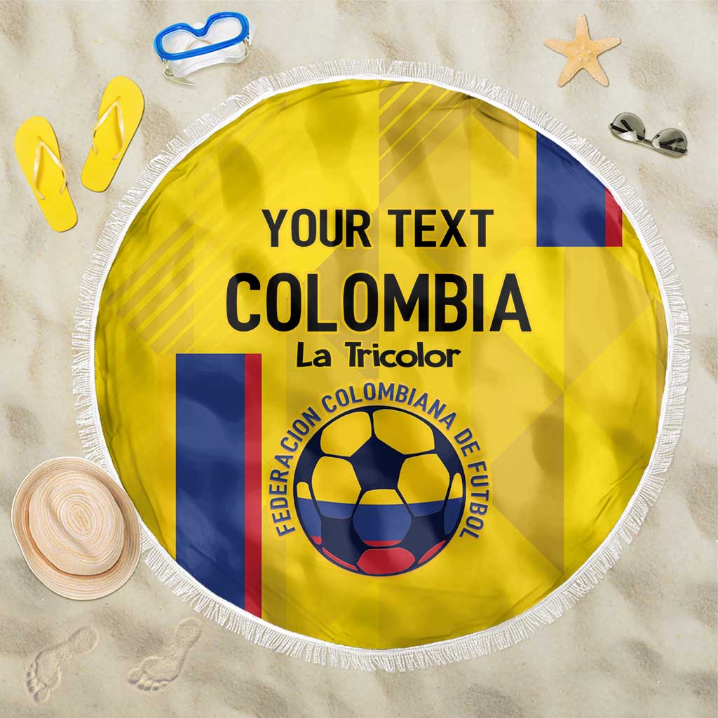 Yellow round beach blanket with fringe edge, YOUR TEXT COLOMBIA La Tricolor print