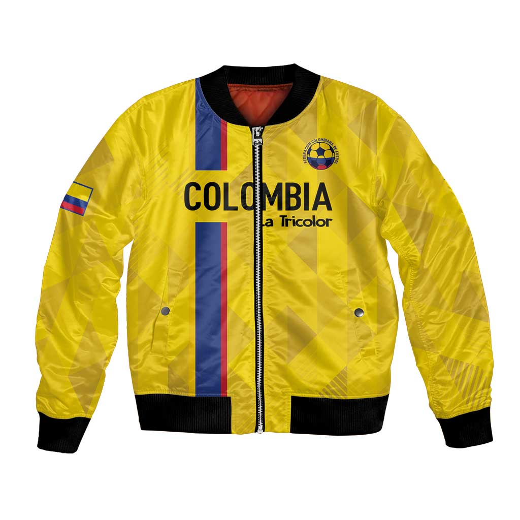 Yellow bomber jacket with front zipper, black rib cuffs, and Colombian flag sleeve patch