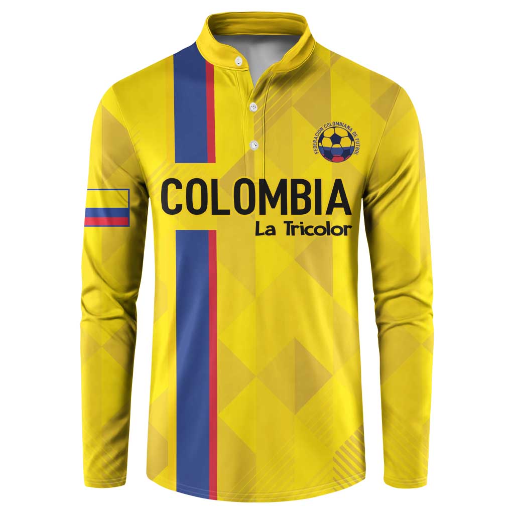 Yellow button-up football sweatshirt with Colombia tricolor stripes and 'Colombia La Tricolor' print